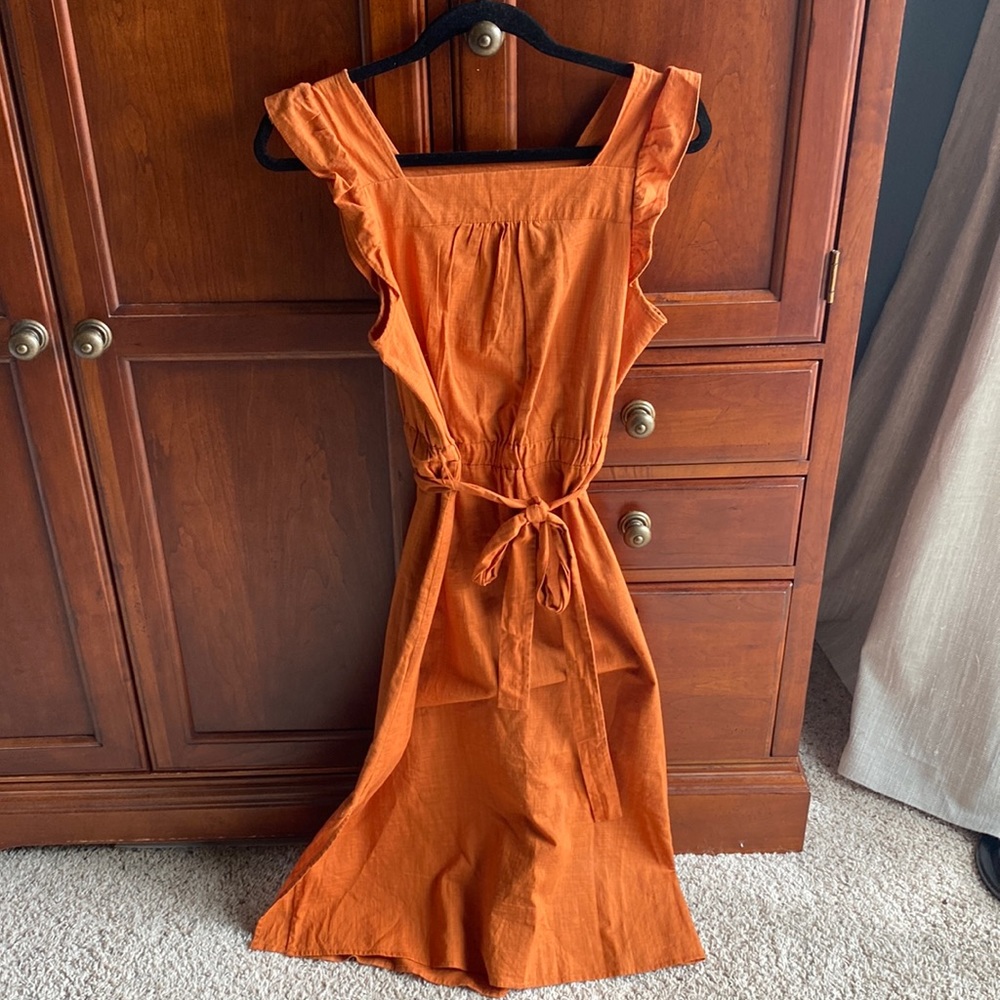Universal Thread Orange Cotton Belted Flutter Sleeve Pinafore Midi Dress
